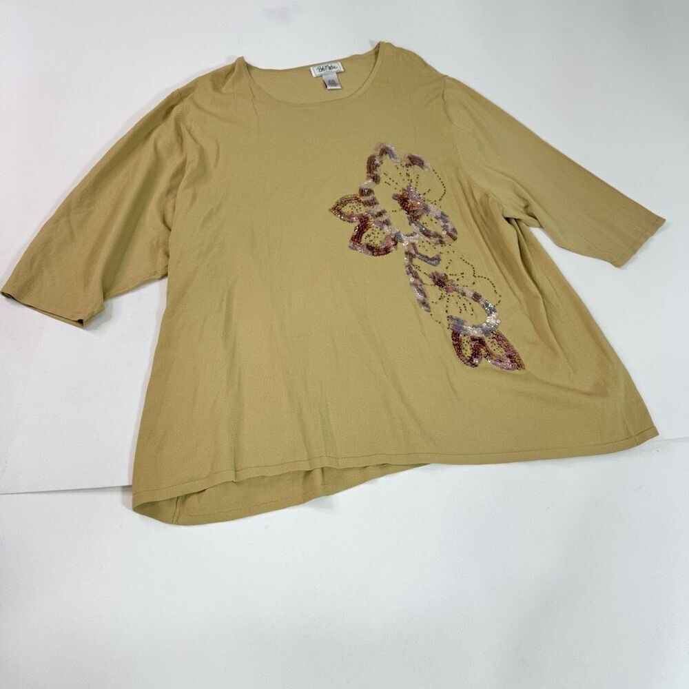 Bob Mackie Top Womens 4X Plus‎ Tan Art Sequin Floral Round Neck Pullover T Shirt
